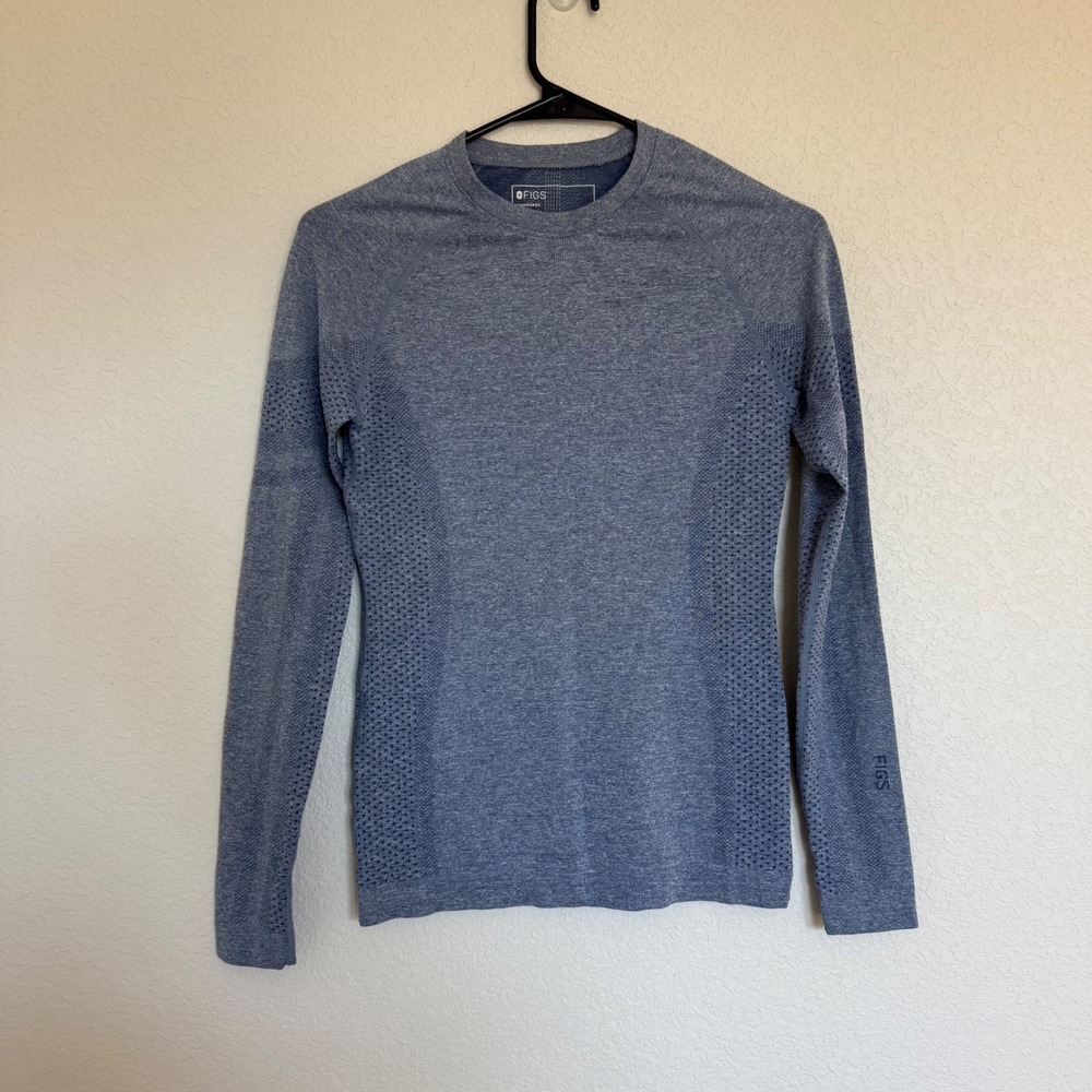 FIGS Seamless Long Sleeve Underscrub Top Blue Heather XS Mesh Ventilation Raglan